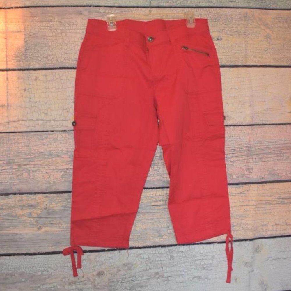 Bright Red Capri Cargo Pants Cotton Blend Button Waist 14 L Faded Glory